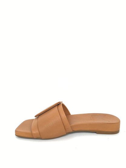 Tan Textured Slide Sandal with Buckle Detail