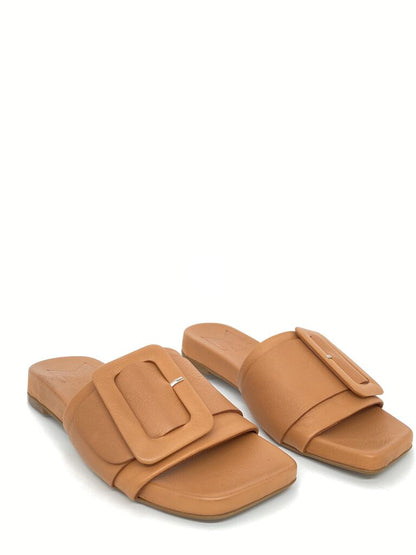 Tan Textured Slide Sandal with Buckle Detail