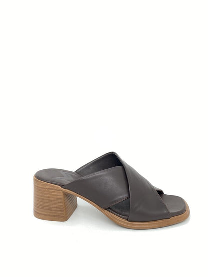 Brown Leather Block Heel Sandal with Cross-Strap Design