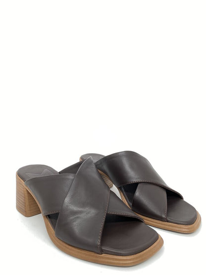 Brown Leather Block Heel Sandal with Cross-Strap Design