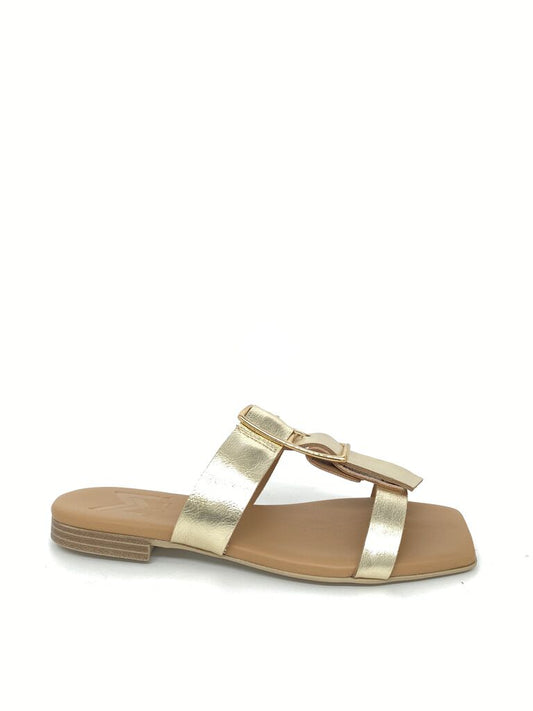 Gold Metallic Slide Sandals with Decorative Buckle