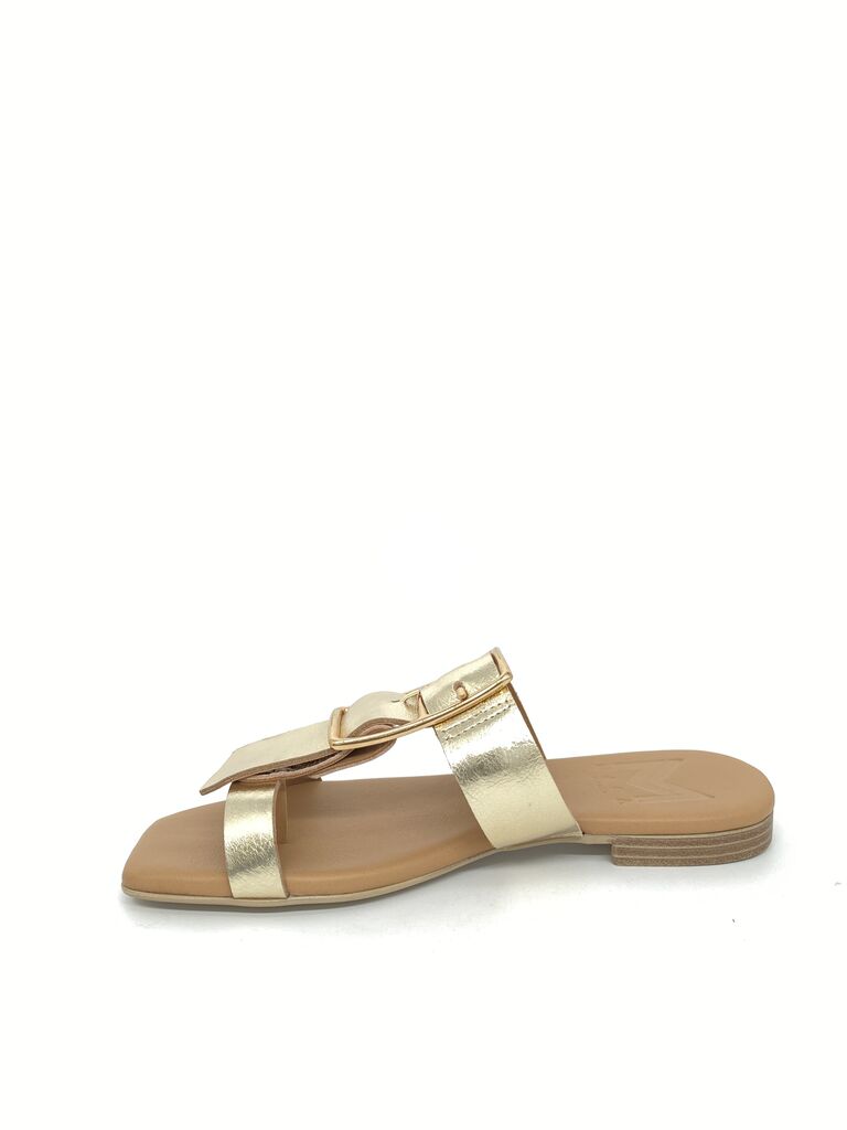 Gold Metallic Slide Sandals with Decorative Buckle