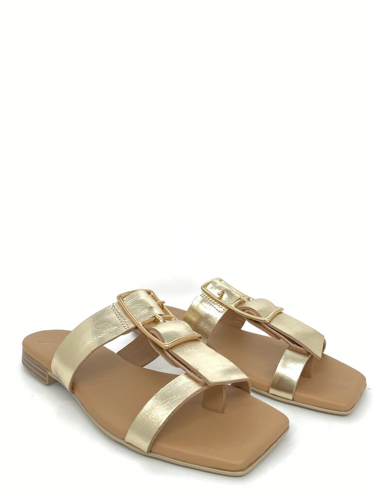 Gold Metallic Slide Sandals with Decorative Buckle