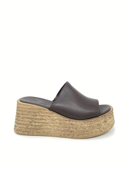 Brown Leather Platform Slide Sandals