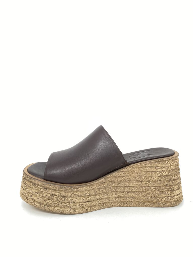 Brown Leather Platform Slide Sandals