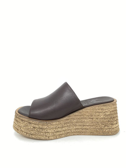 Brown Leather Platform Slide Sandals