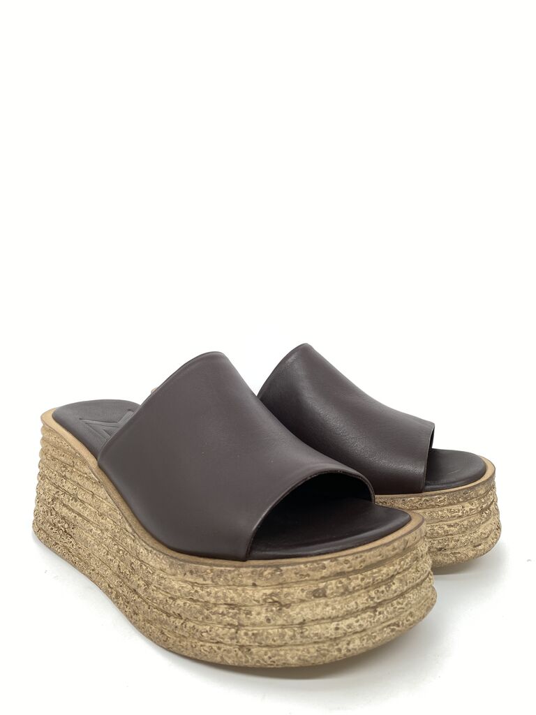Brown Leather Platform Slide Sandals