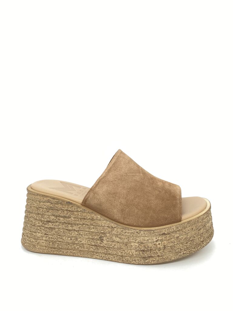 Tan Suede Platform Slide with Textured Wedge Heel