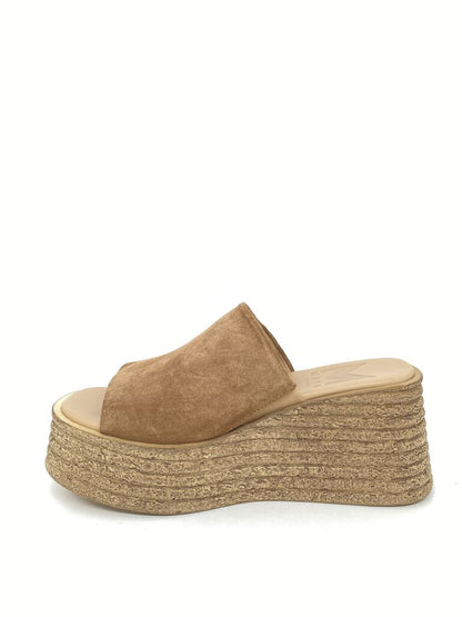 Tan Suede Platform Slide with Textured Wedge Heel