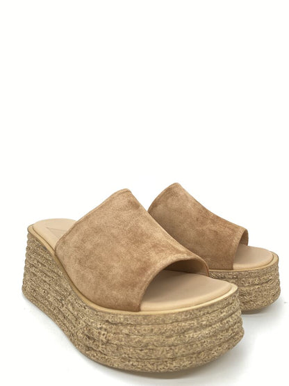 Tan Suede Platform Slide with Textured Wedge Heel