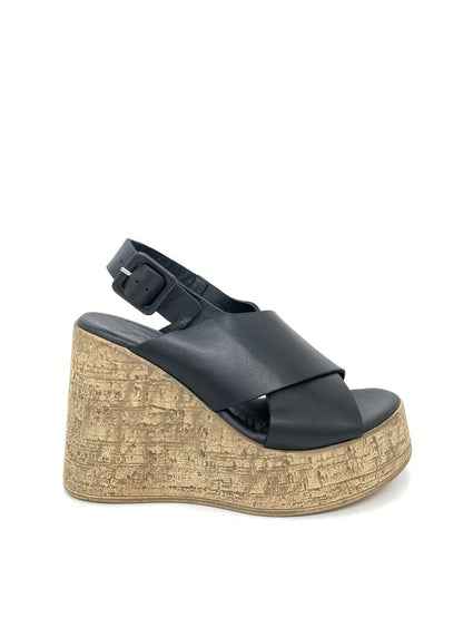 Black Leather Wedge Sandals with Buckle Detail