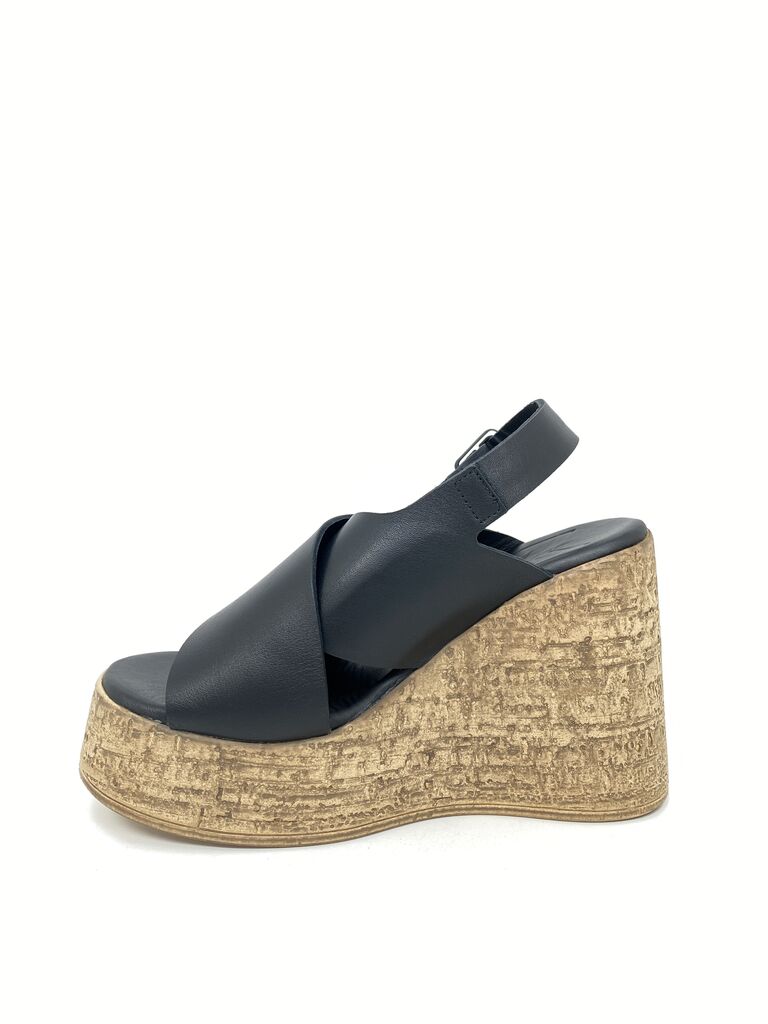 Black Leather Wedge Sandals with Buckle Detail