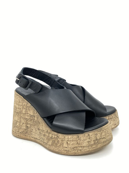 Black Leather Wedge Sandals with Buckle Detail