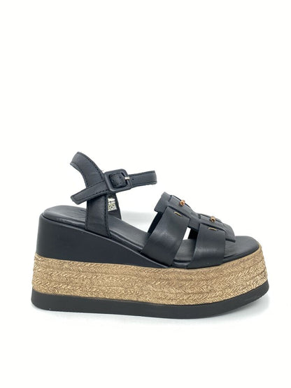 Black Platform Sandals with Braided Jute Trim