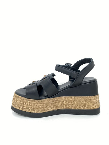 Black Platform Sandals with Braided Jute Trim