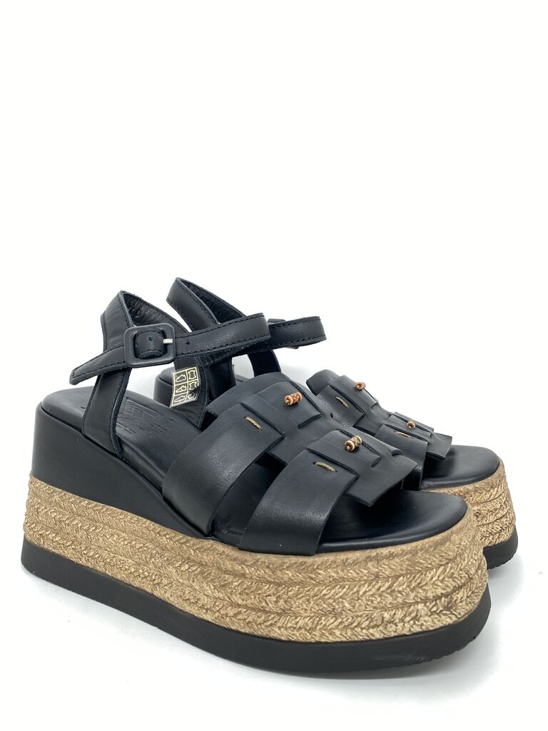 Black Platform Sandals with Braided Jute Trim