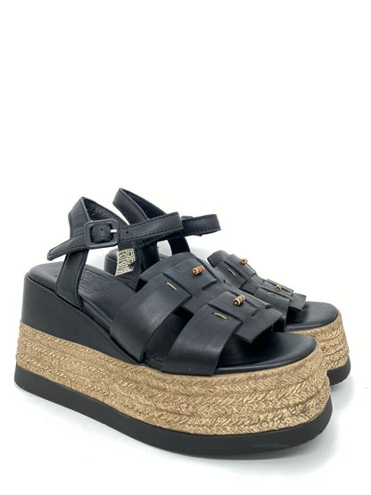 Black Platform Sandals with Braided Jute Trim