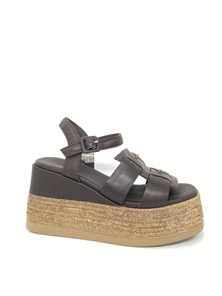 Brown Leather Platform Sandals with Woven Heel