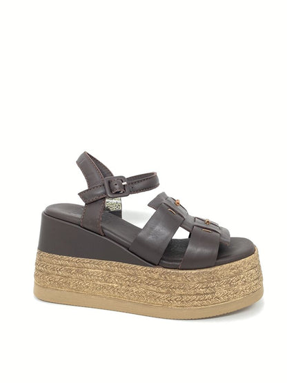 Brown Leather Platform Sandals with Woven Heel