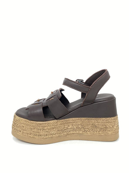 Brown Leather Platform Sandals with Woven Heel