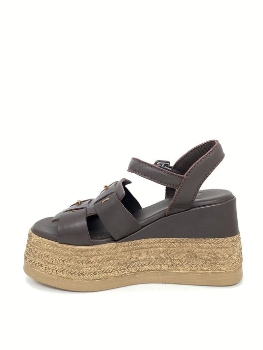 Brown Leather Platform Sandals with Woven Heel