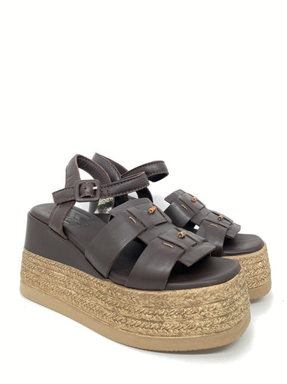 Brown Leather Platform Sandals with Woven Heel
