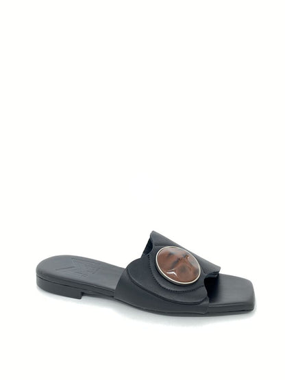 Black Slide Sandals with Oversized Embellishment