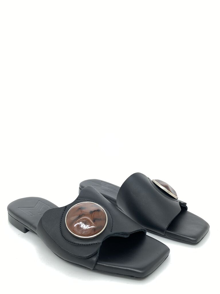 Black Slide Sandals with Oversized Embellishment