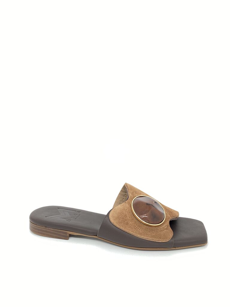 Brown Suede Slide Sandal with Decorative Accent