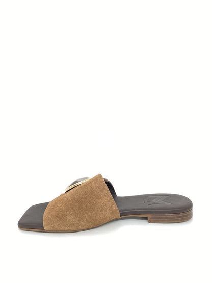 Brown Suede Slide Sandal with Decorative Accent