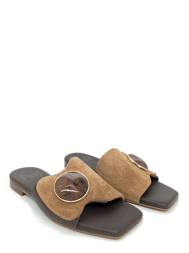 Brown Suede Slide Sandal with Decorative Accent