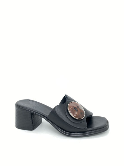 Black Slide Sandals with Decorative Medallion