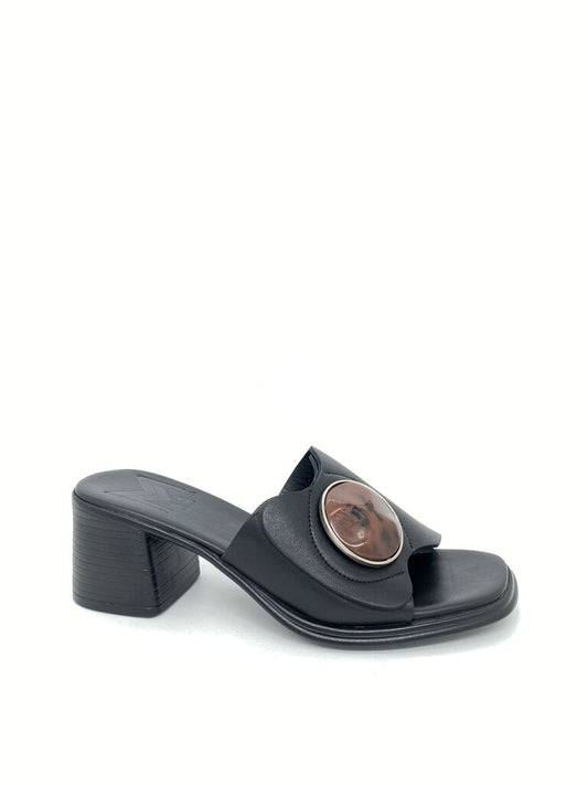 Black Slide Sandals with Decorative Medallion