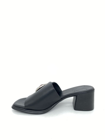 Black Slide Sandals with Decorative Medallion