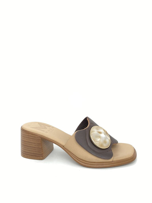 Brown Block Heel Slide Sandals with Pearl Detail