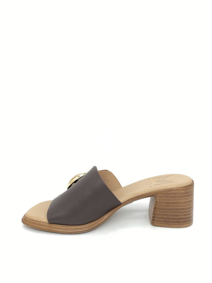 Brown Block Heel Slide Sandals with Pearl Detail