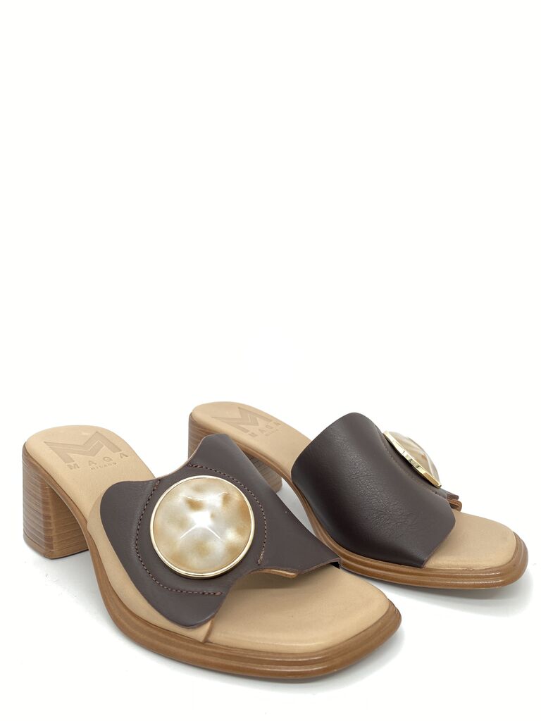 Brown Block Heel Slide Sandals with Pearl Detail