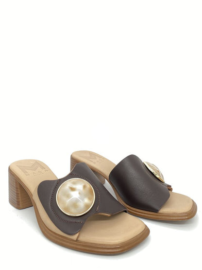 Brown Block Heel Slide Sandals with Pearl Detail
