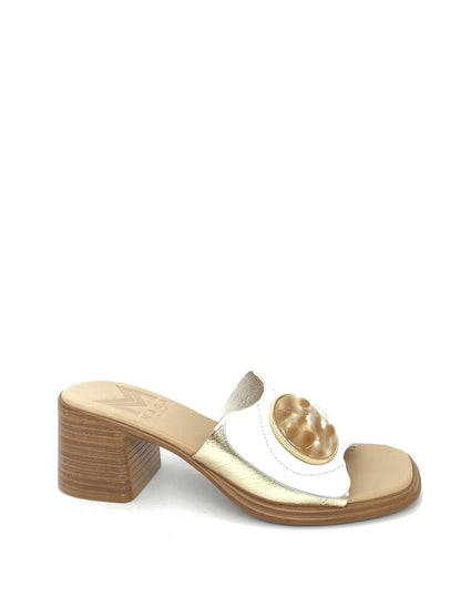 White Leather Heeled Sandal with Pearl Accent
