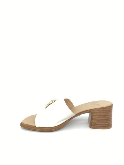 White Leather Heeled Sandal with Pearl Accent