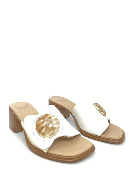 White Leather Heeled Sandal with Pearl Accent