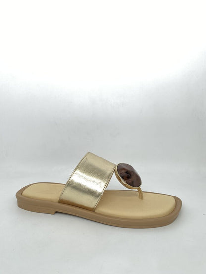 Gold Metallic Slide Sandal with Tortoise Accent
