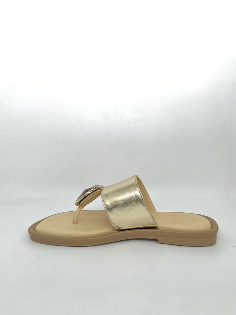 Gold Metallic Slide Sandal with Tortoise Accent