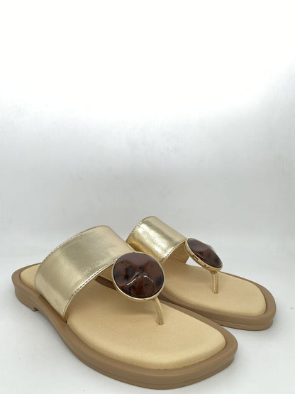 Gold Metallic Slide Sandal with Tortoise Accent
