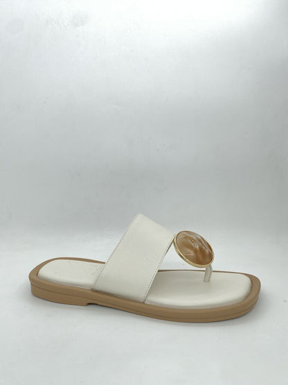 Ivory Slide Sandals with Glossy Accent