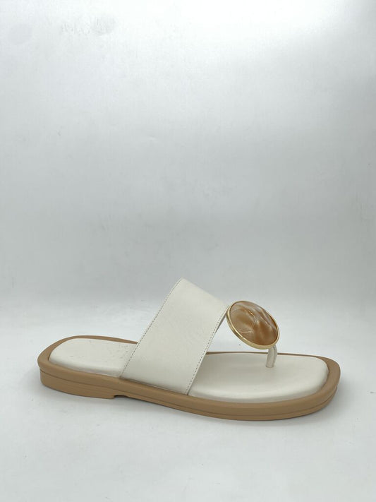 Ivory Slide Sandals with Glossy Accent