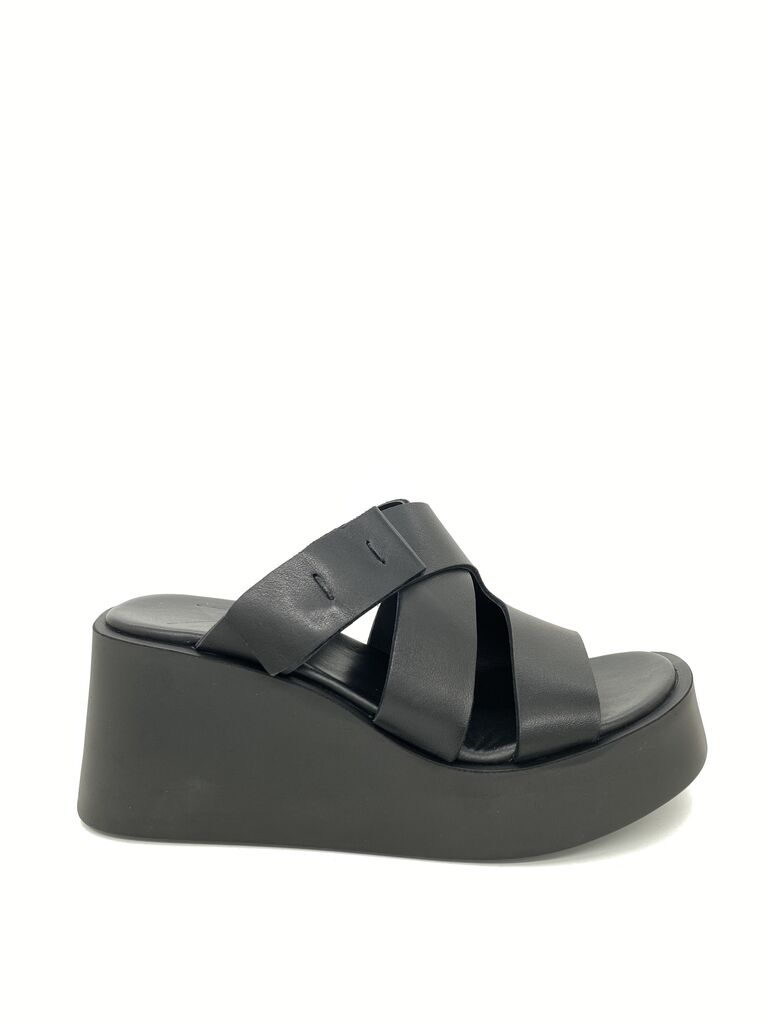 Black Wedge Sandals with Cross Strap Design