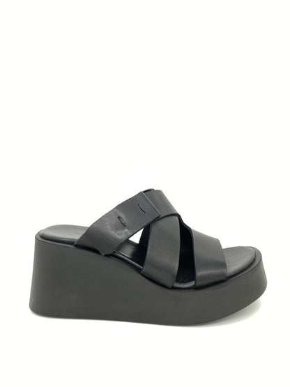 Black Wedge Sandals with Cross Strap Design