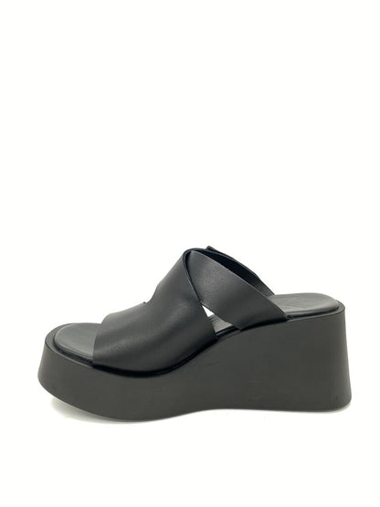 Black Wedge Sandals with Cross Strap Design