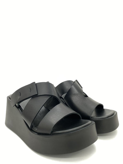 Black Wedge Sandals with Cross Strap Design